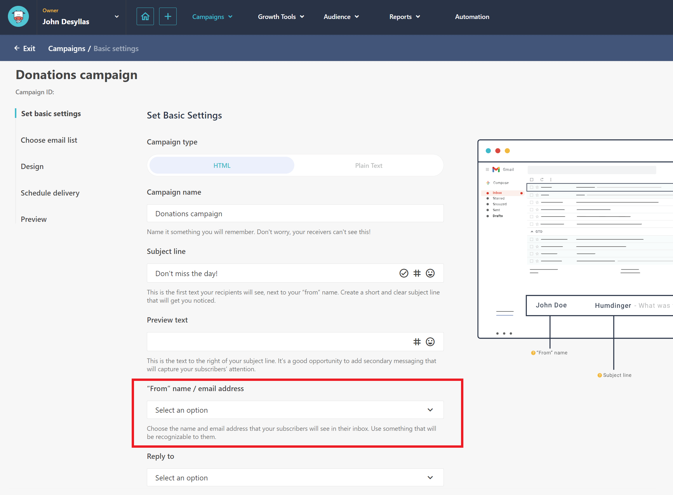 sender name selection on moosend platform