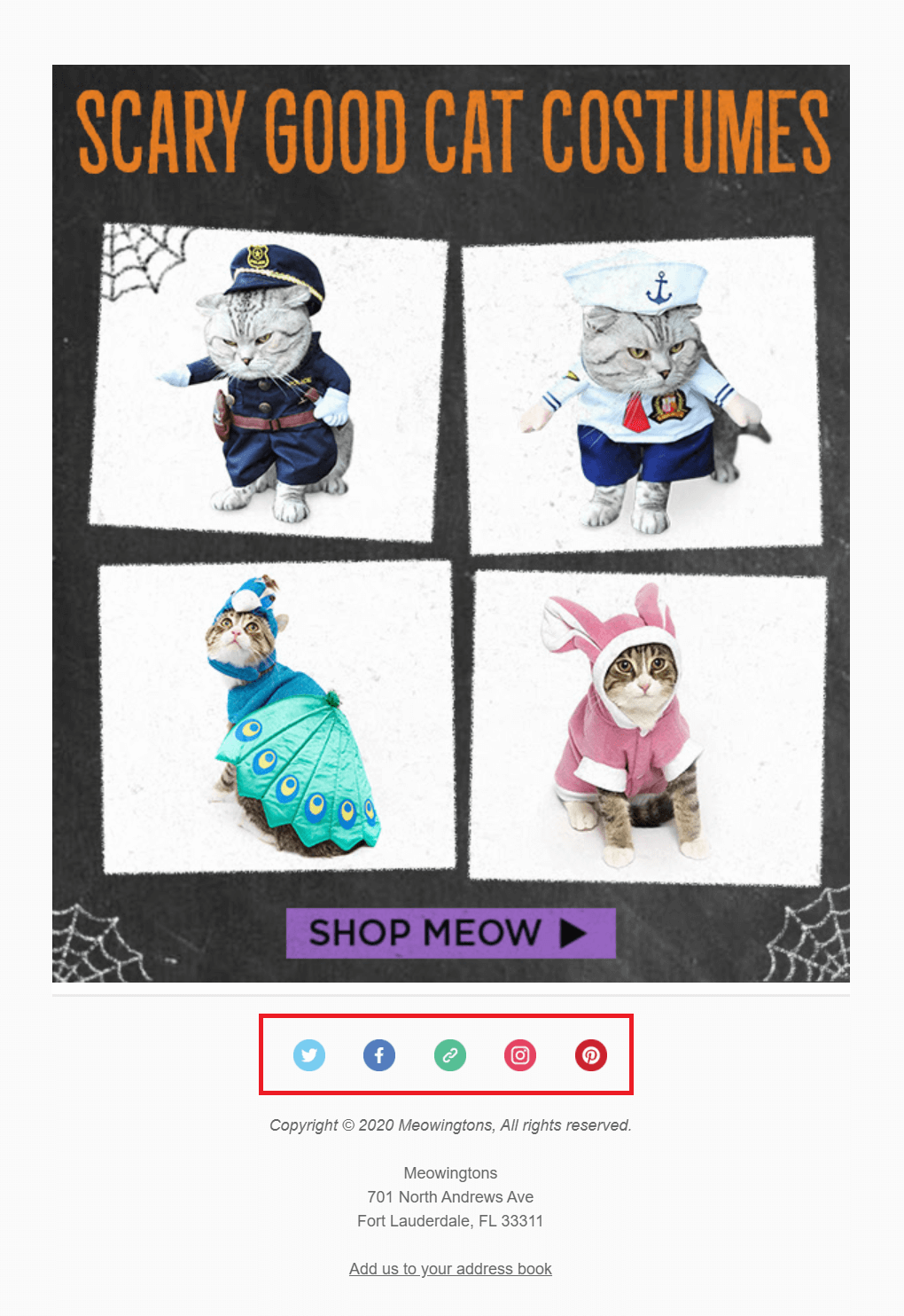 meowingtons social buttons on email