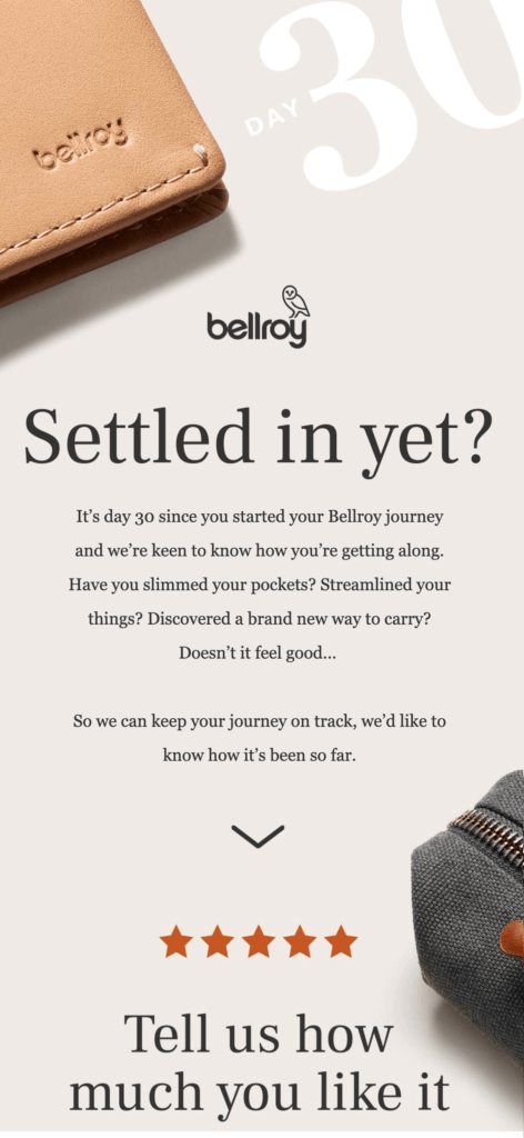 Bellroy post-purchase drip marketing campaign
