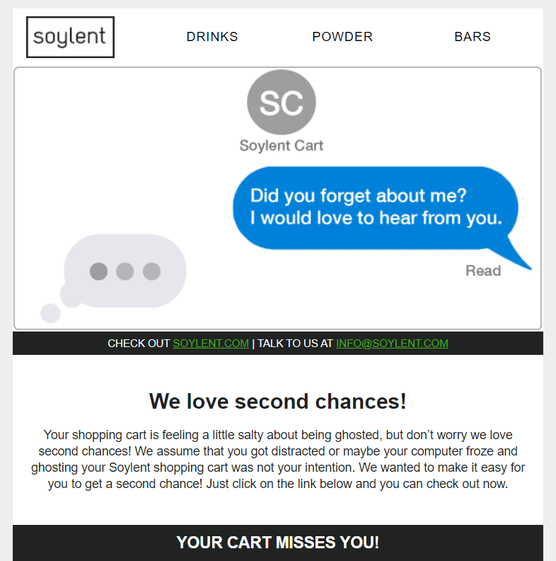 Soyent cart abandonment email example