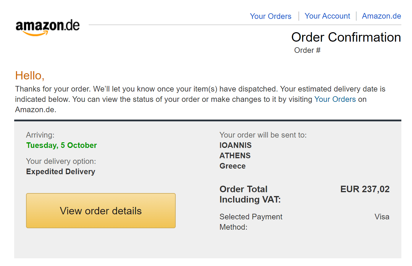 Amazon order confirmation email