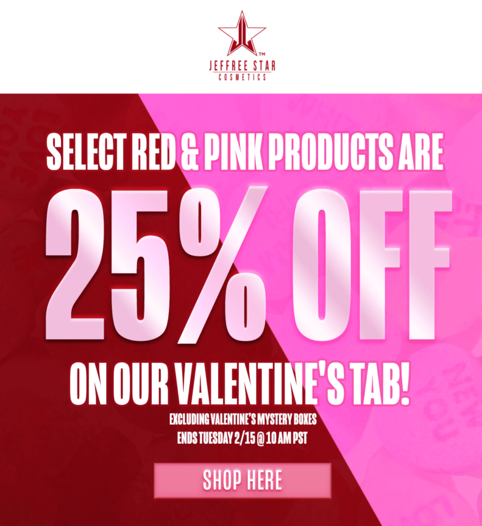 Jeffrey Star Cosmetics Valentine's day email campaign example