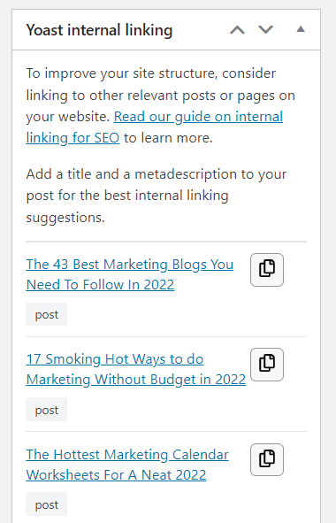 Yoast internal linking feature wordpress