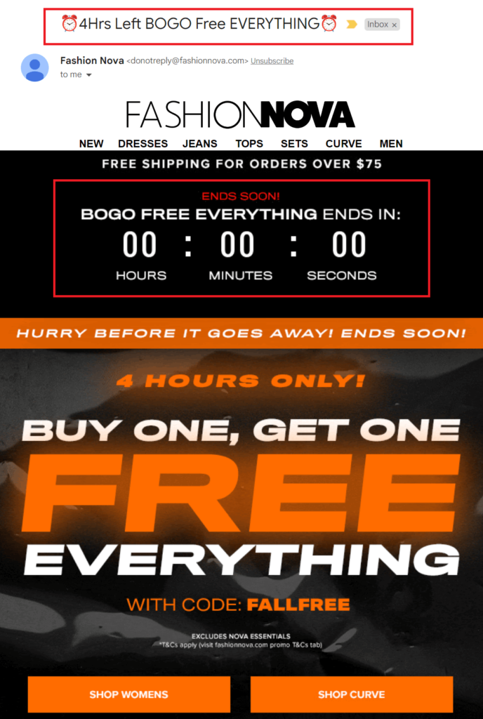 FashionNova countdown timer email campaign