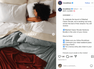 Brooklinen's Instagram giveaway with product bundle prize