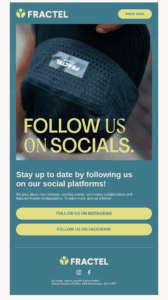 Fractel's email with CTAs to follow the brand on Instagram and Facebook
