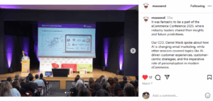 Moosend's post showing the CCO delivering a speech at an eCommerce refernce