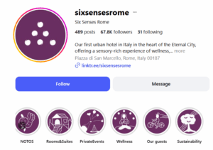 Six Senses Rome Instagram profile with Highlights section
