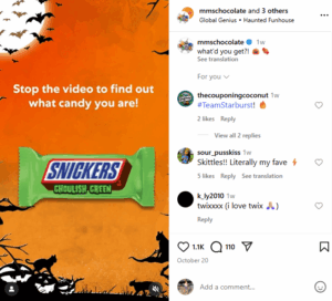 Twix's Reel where users pause the video to discover which Halloween candy they are