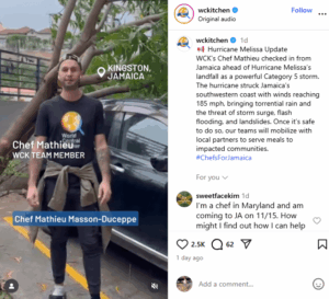 World Central Kitchen employee updating followers on the organization's actions after Hurricane Melissa ends