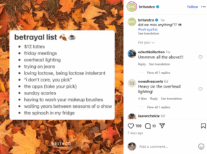 Brit + Co responding to followers' comments adding items to their "betrayal list" post