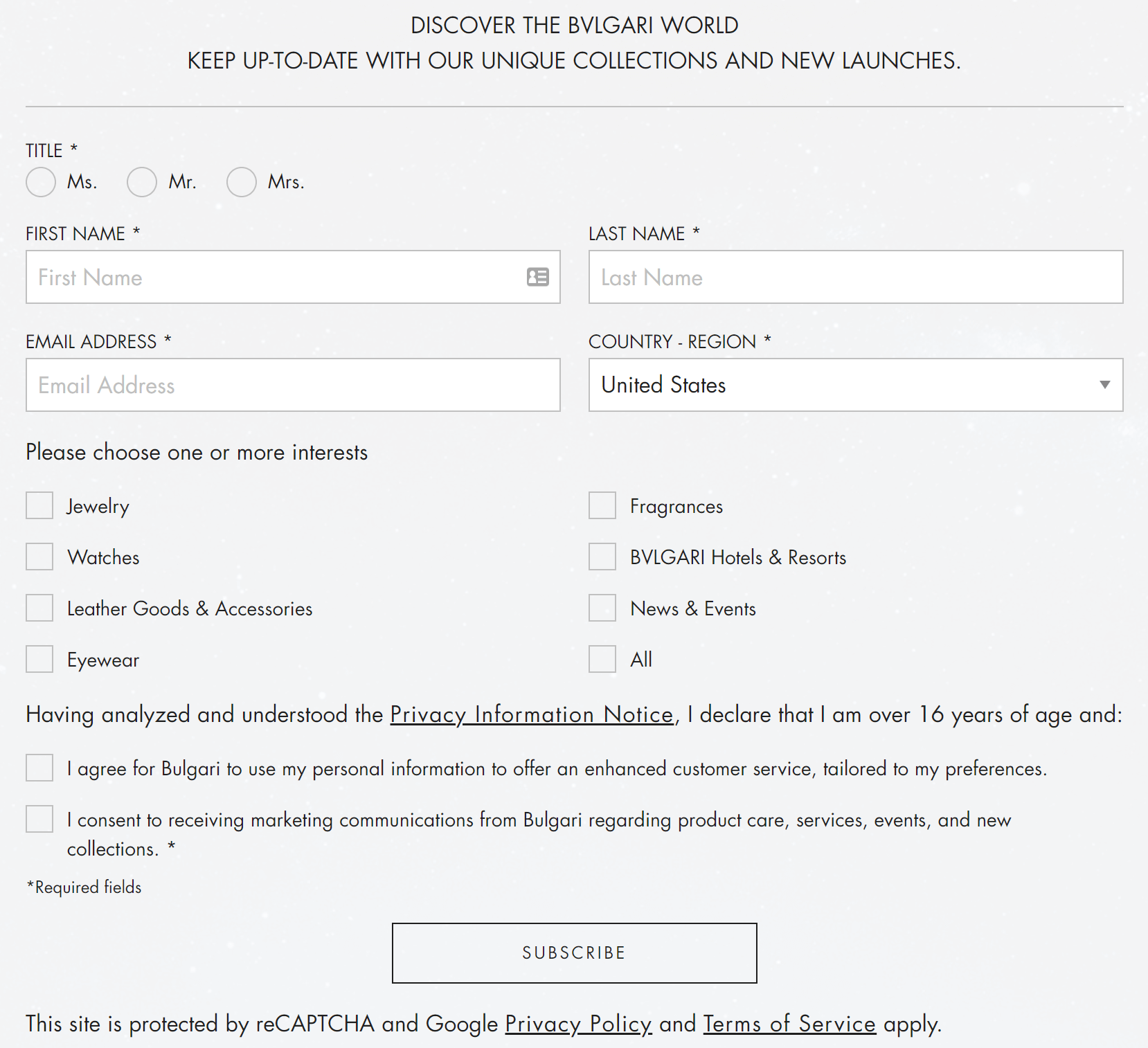 Bulgari personalization through signup forms