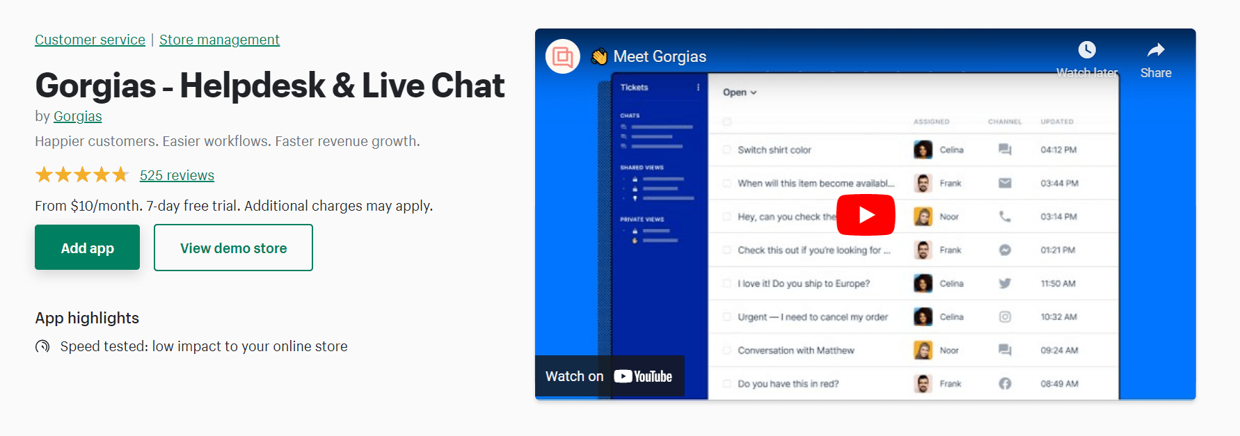 Gorgias helpdesk and live chat app
