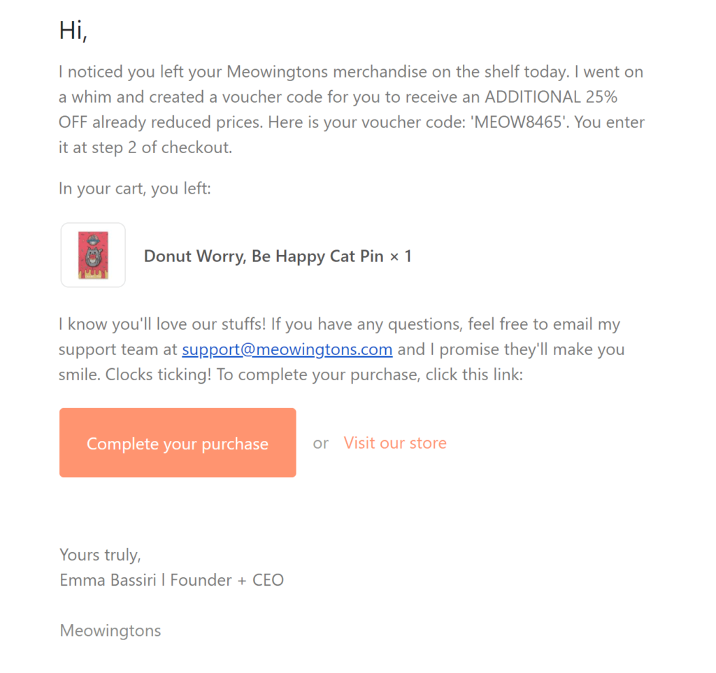 Meowingtons cart abandonment email example
