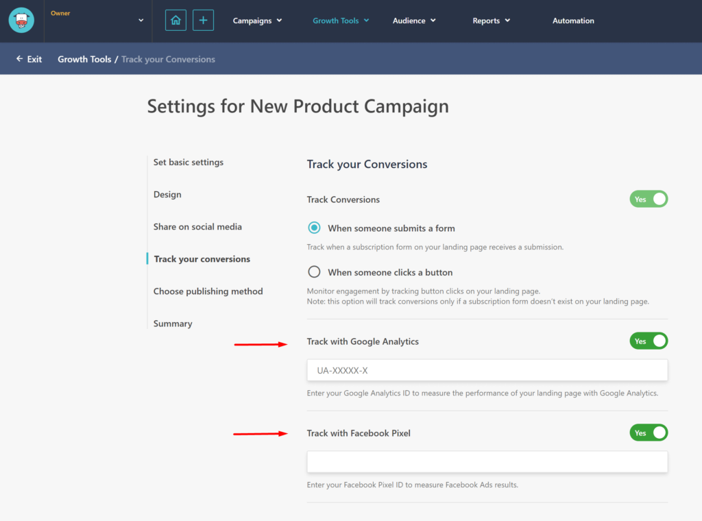 Moosend platform add tracking to landing page