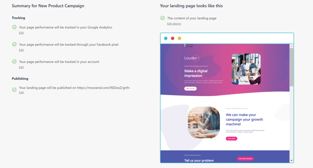 Moosend preview landing page