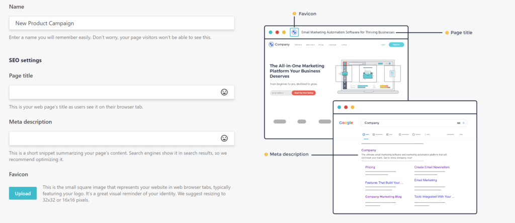 Moosend landing page SEO settings