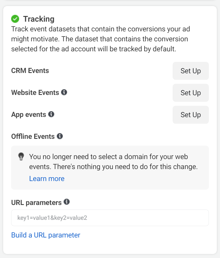 Event tracking options for lead ads