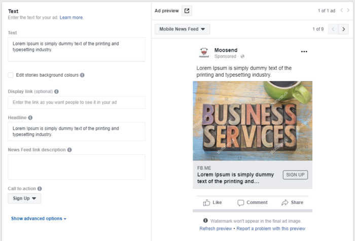Facebook lead ads specs - selecting ad copy