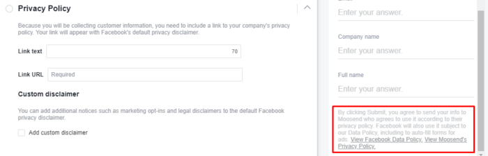 Facebook lead ads specs - adding privacy policy url