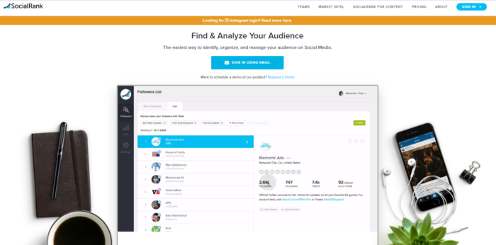 the social rank instagram analytics tool homepage