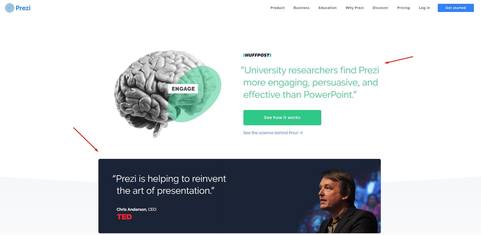 clever landing page testimonials copy from prezi