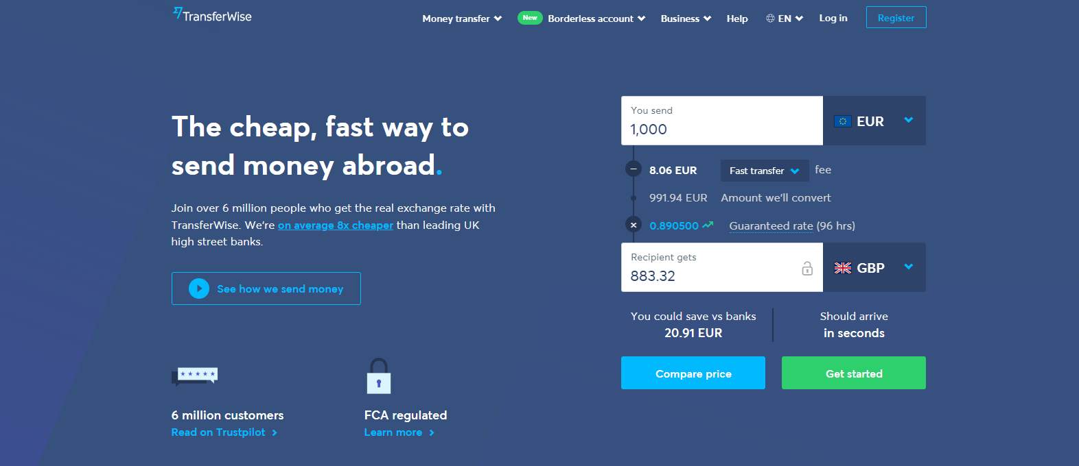 transferwise uses strong words for their landing page copy
