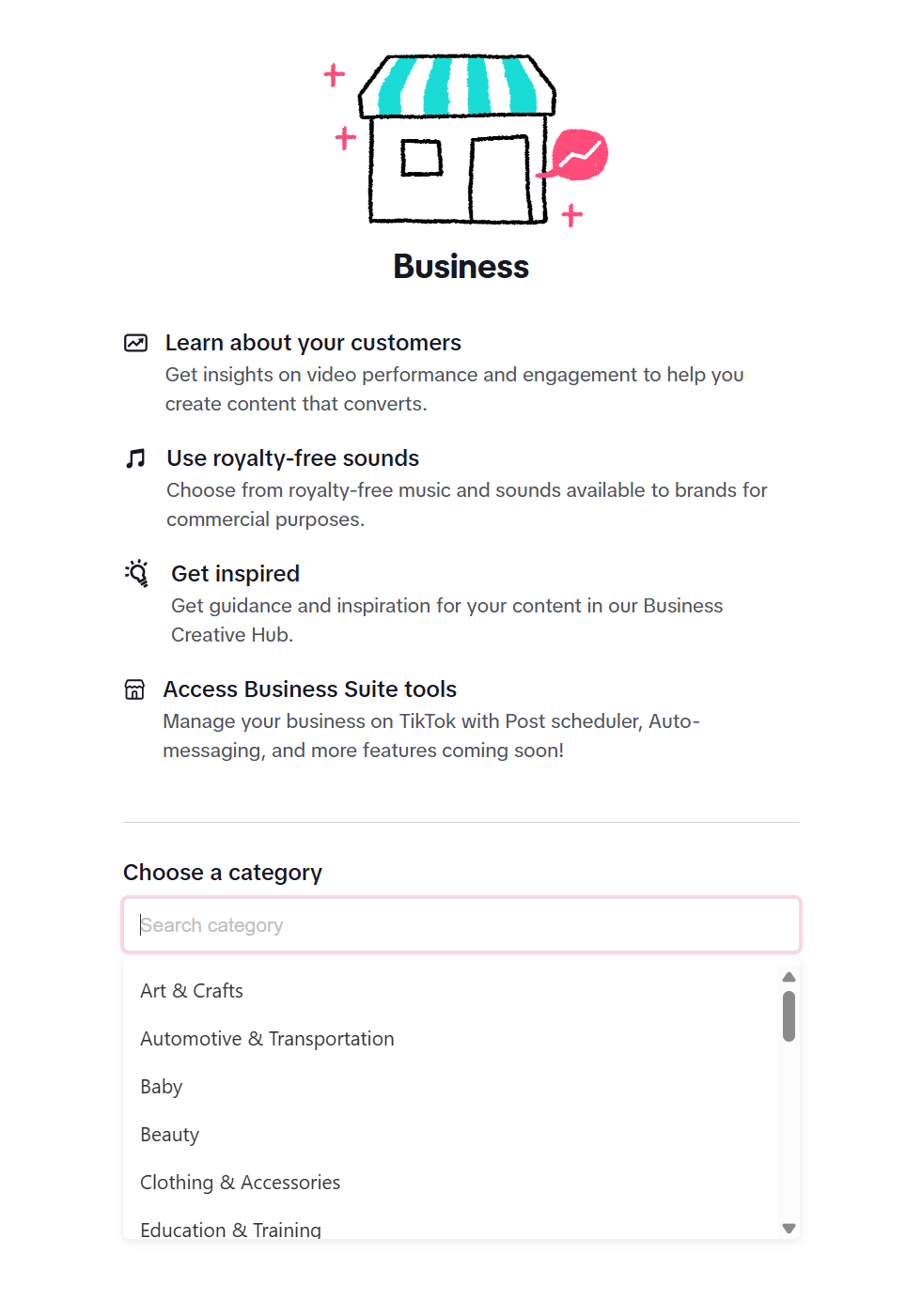 tiktok account business category