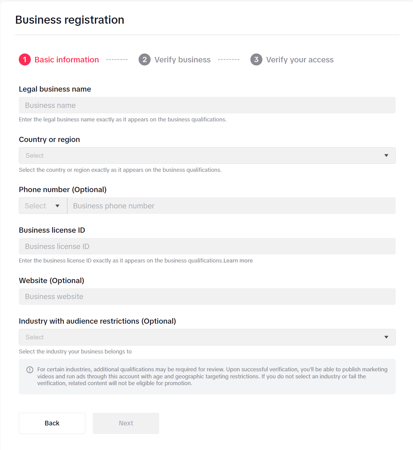 tiktok account setup business registration