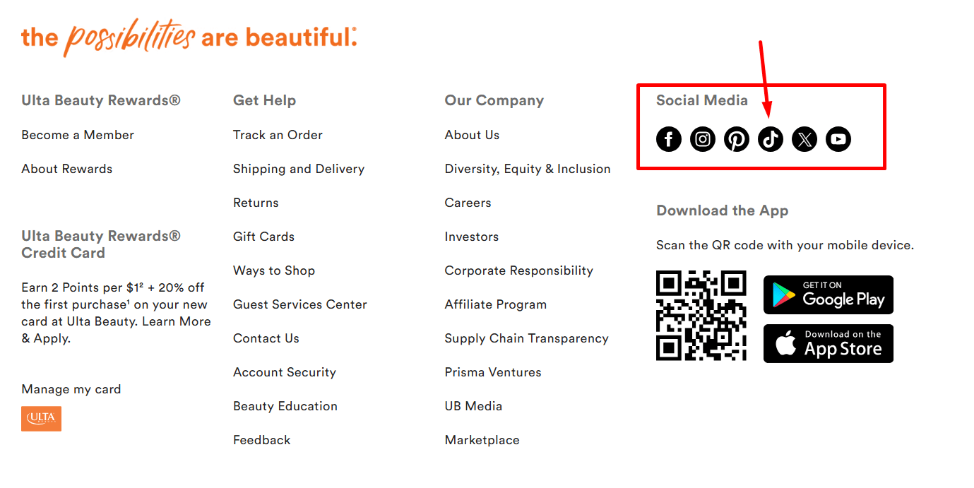 ulta beauty website footer
