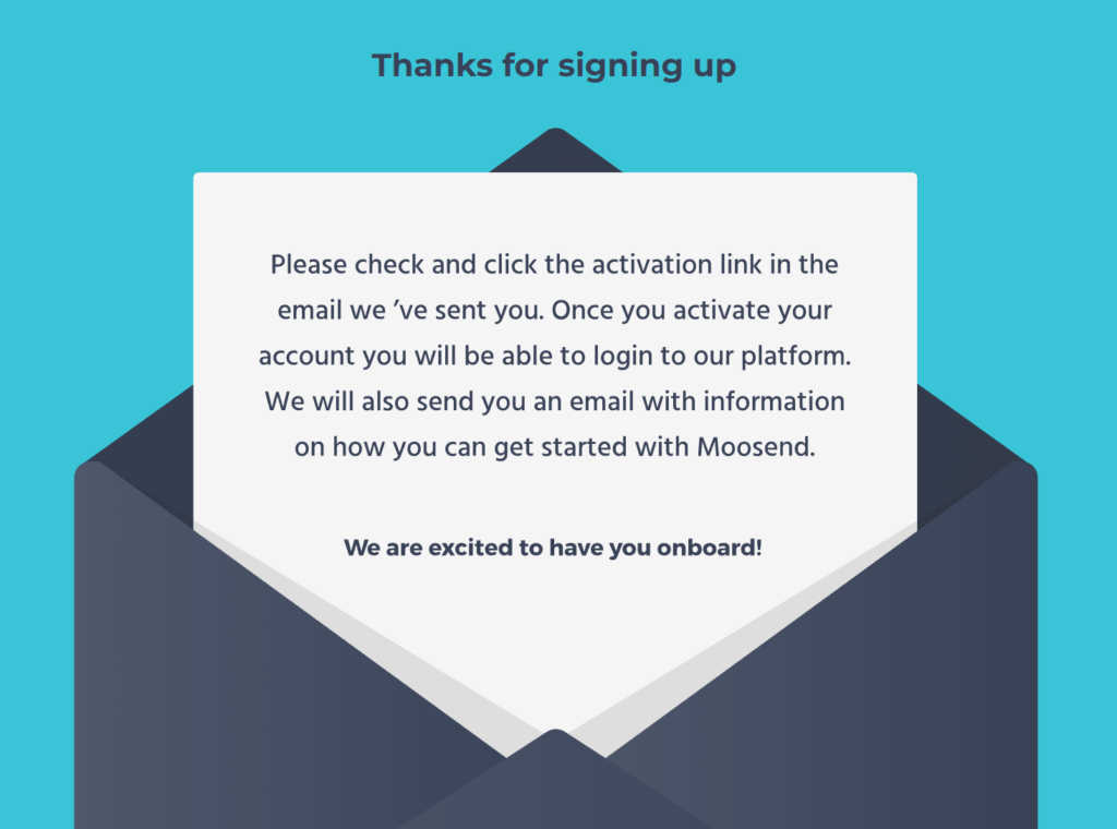 Moosend thank you for signing up message