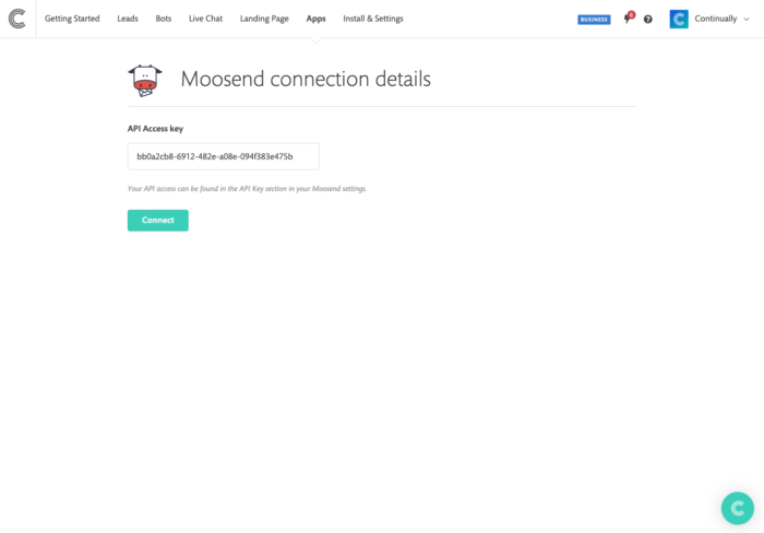 continually moosend integration connection details