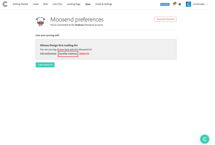 continually moosend integration preferences variable mapping