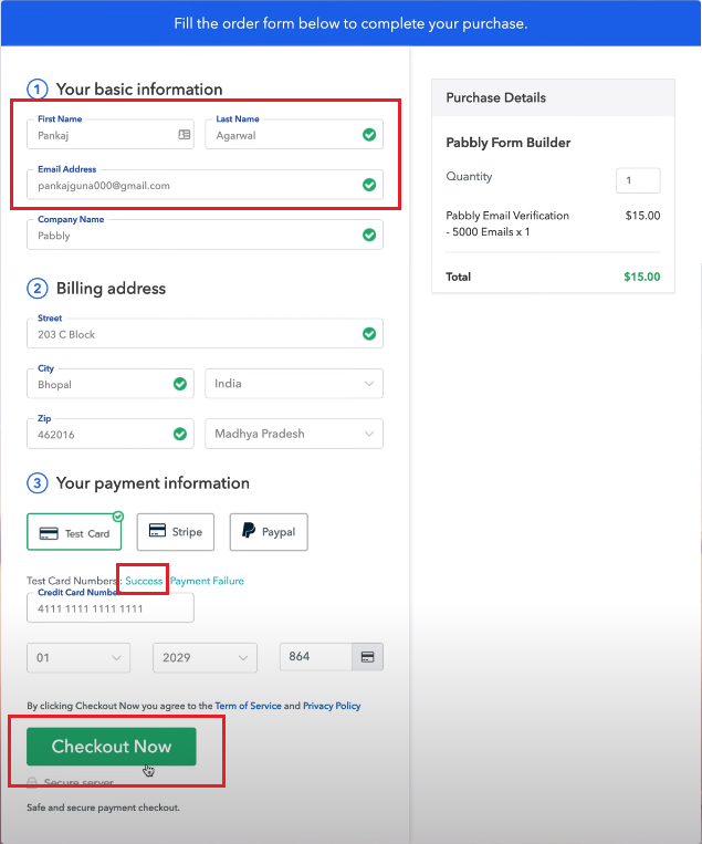 pabbly subscriptions test purchase form