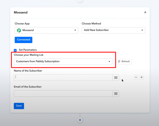 pabbly subscriptions moosend integration parameters mailing list