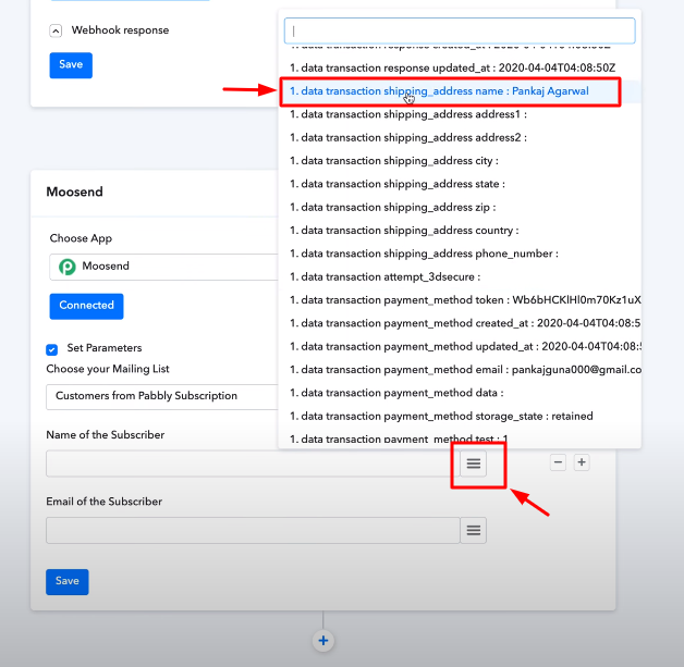 pabbly subscriptions moosend integration mailing list parameter selection