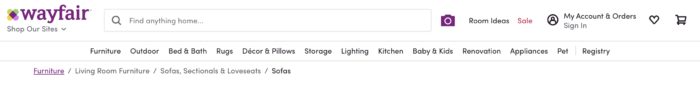 wayfair ecommerce website design navigation bar