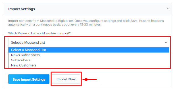 bigmarker moosend integration import contacts