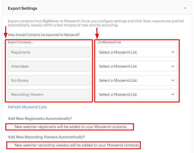 bigmarker moosend integration export contacts