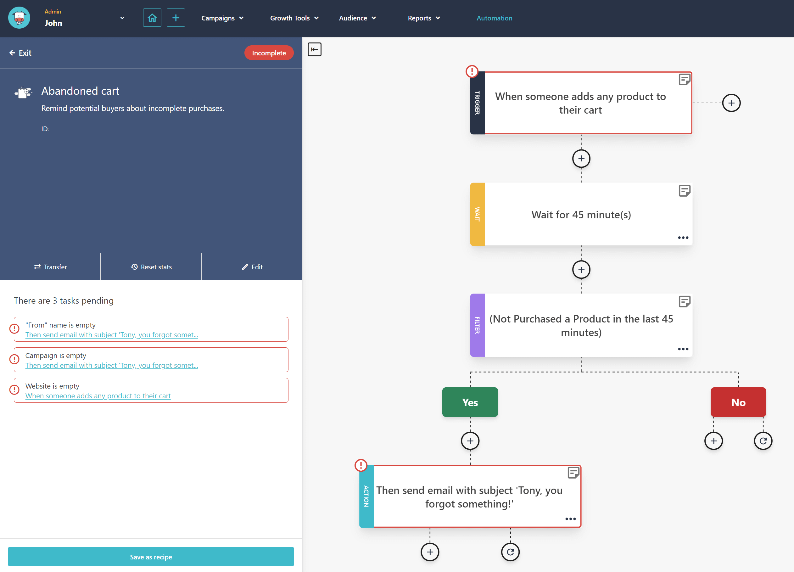 Moosend abandoned cart automation recipe