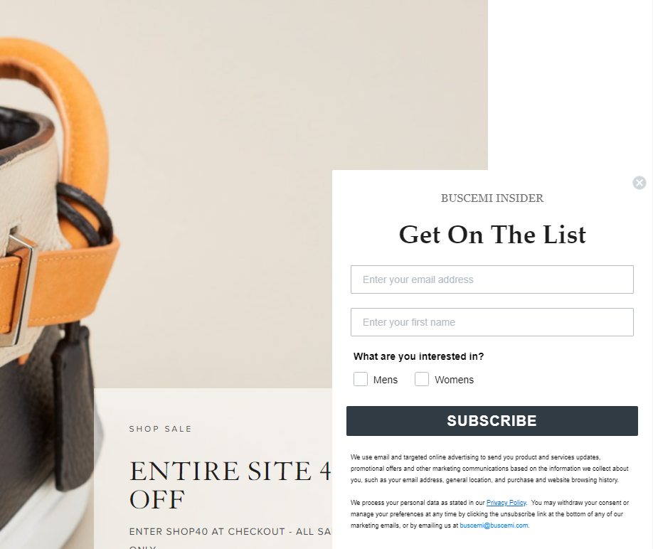 newsletter signup form eCommerce buscemi