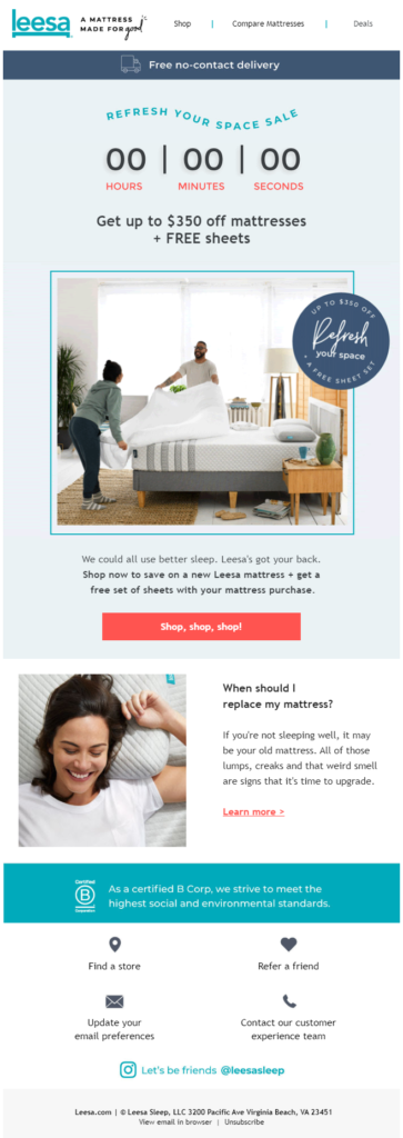 ecommerce email marketing CTA leesa