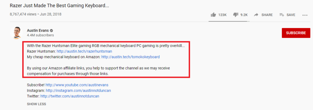 affiliate link placement in YouTube