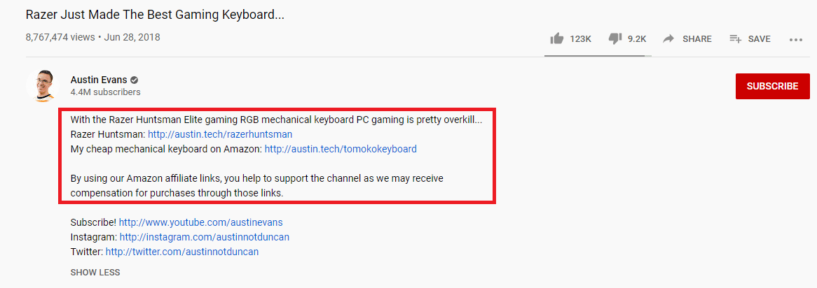 Youtube description affiliate link placement