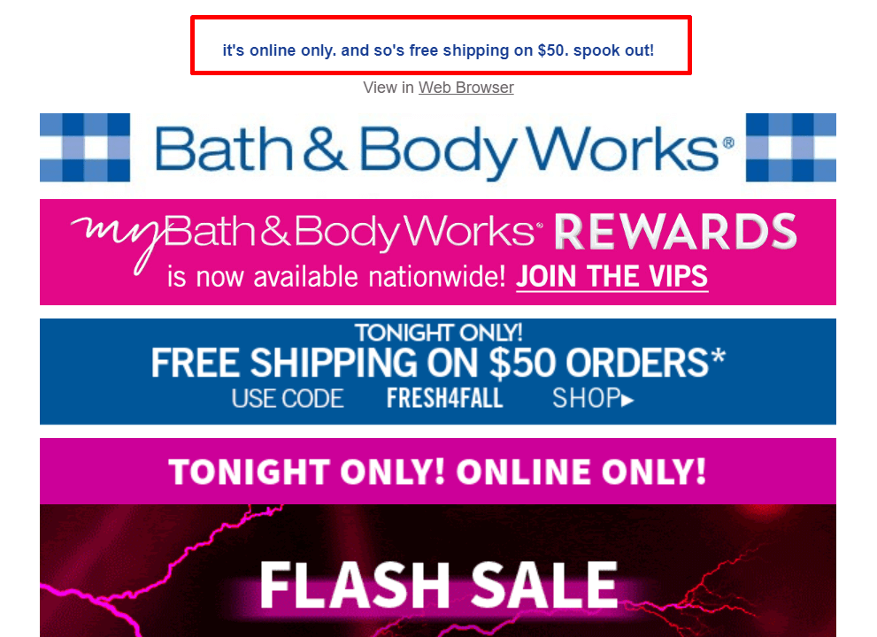 bath and body works email preheader text example