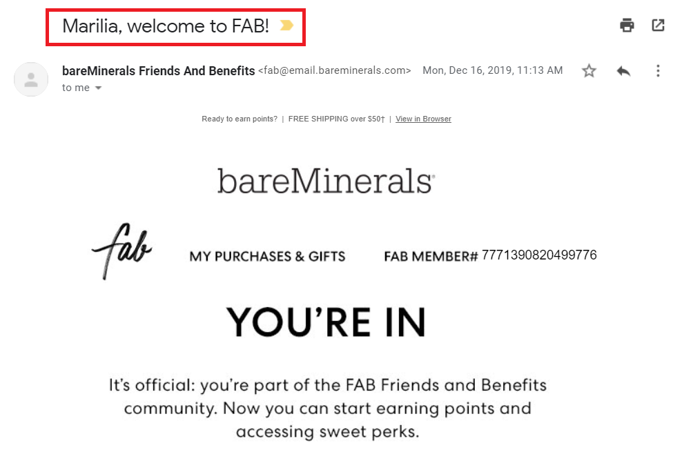 personalized welcome email from bareMinerals
