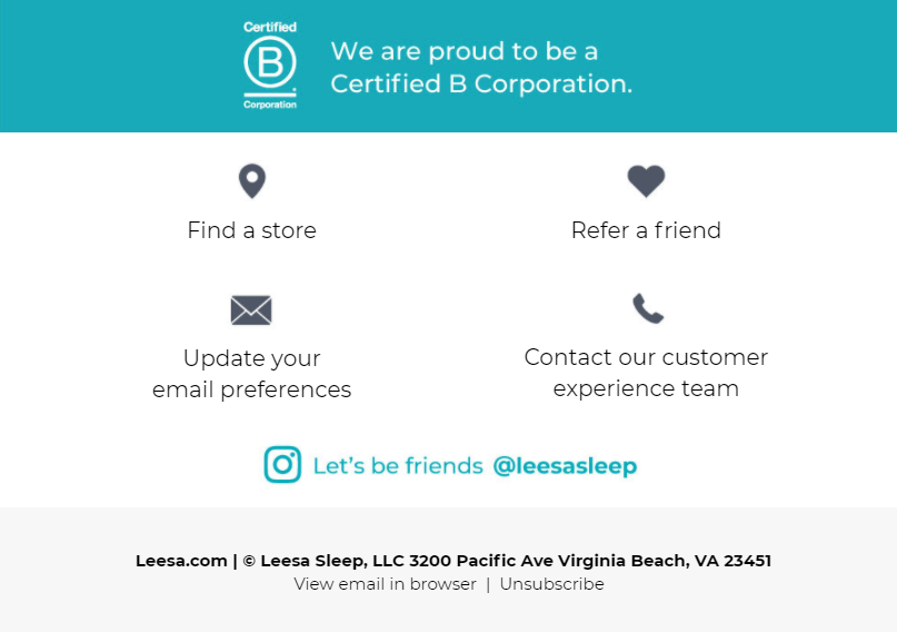 Leesa inserts a find a store link in their email campaign
