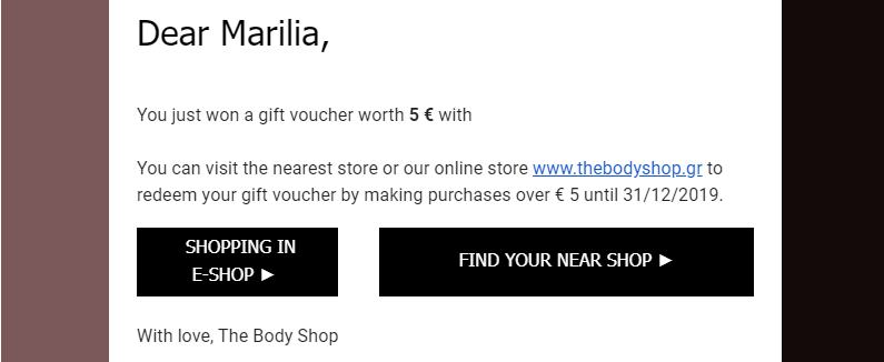 The Body Shop lets customers know that they have won a voucher through email