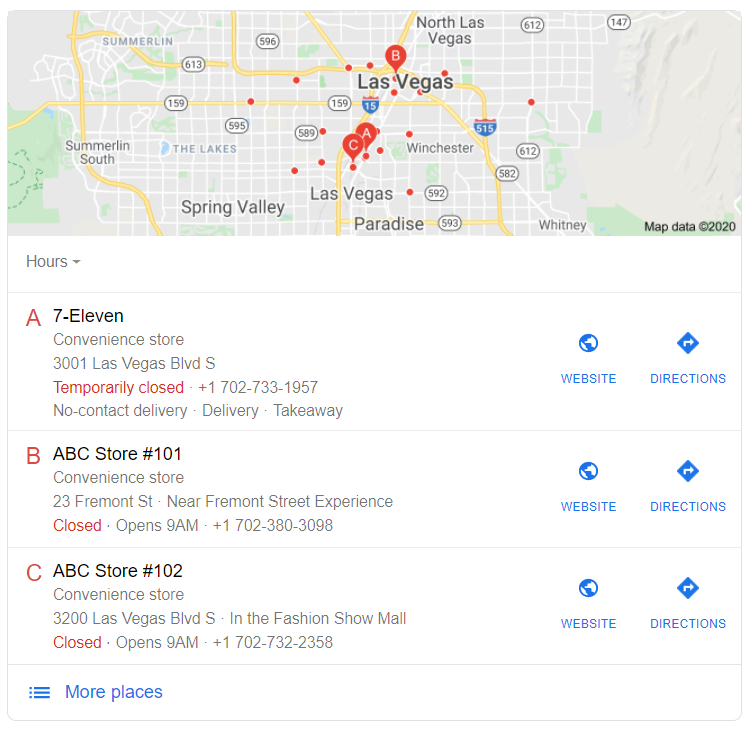 the locations of various convenience stores in Las Vegas
