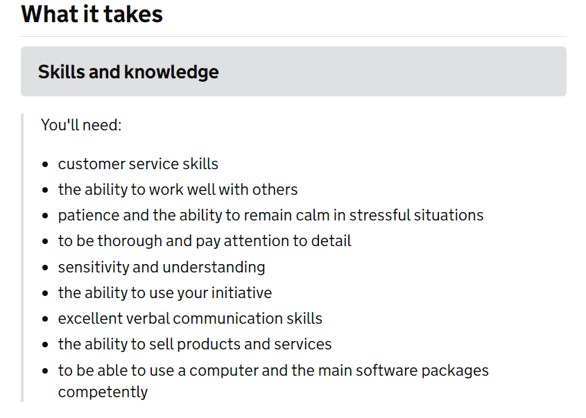 This list shows the skills and knowledge required for a retail sales associate